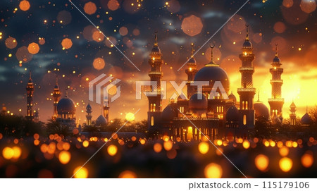 Illuminated Mosque at Night With Crescent Moon and Floating Lanterns 115179106