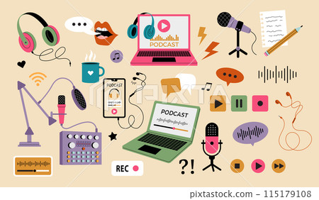 Podcast. Gadgets for web audio or video streaming headphones microphones laptop recording stuff recent vector stylized flat illustrations Podcast. Gadgets for web audio or video streaming headphones microphones laptop recording stuff recent vector stylized flat illustrations 115179108