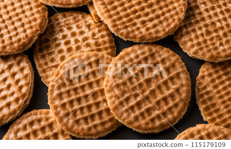 High angle photo of a crispy and delicious Stroopwafel, AI Generated 115179109
