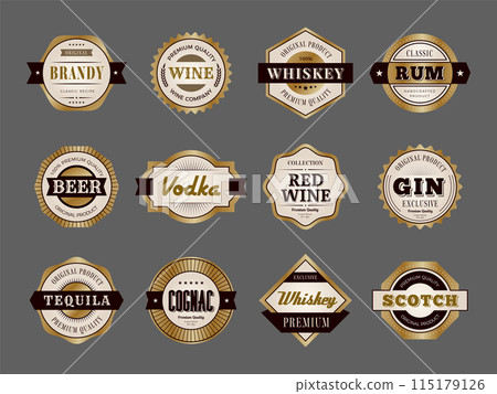 Alcohol badges. Hot premium drinks production decorative labels whiskey rum recent vector templates set 115179126