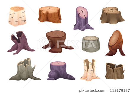 Wooden stumps. Clean cut down tree and old oak wooden stumps exact vector cartoon isolated illustrations 115179127