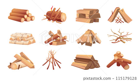 Camp firewood. Stack of pallets for fireplace forest tree timbered exact vector wooden trunks pictures in cartoon style Camp firewood. Stack of pallets for fireplace forest tree timbered exact vector wooden trunks pictures in cartoon style 115179128