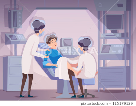 Childbirth. Pregnancy concept background woman in clinic giving birth exact vector cartoon template 115179129