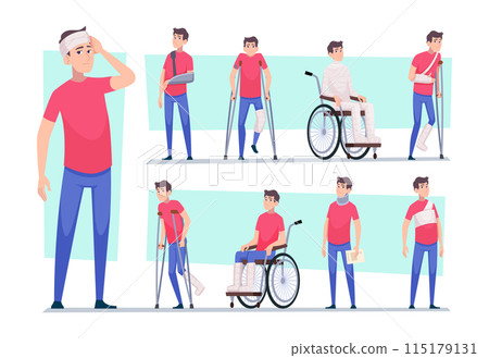 Injury person. Arms legs hands and head bandaged exact vector medical concept illustrations Injury person. Arms legs hands and head bandaged exact vector medical concept illustrations 115179131
