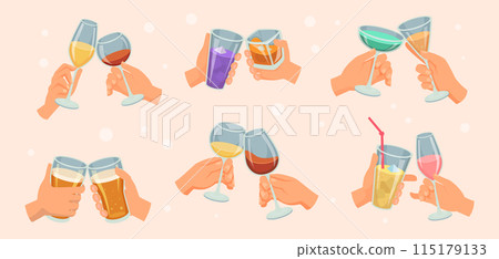 Hands holding glass. Toast with drinks people holding alcoholic cocktails and celebrate party with champagne vodka or whiskey exact vector cartoon template Hands holding glass. Toast with drinks people holding alcoholic cocktails and celebrate party with champagne vodka or whiskey exact vector cartoon template 115179133