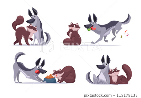 Cat dogs friendship. Domestic pets playing and hugging together exact vector animals friendship 115179135