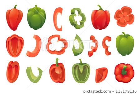 Bell pepper. Eco vegan food fresh sliced colored pepper exact vector illustrations in cartoon style 115179136
