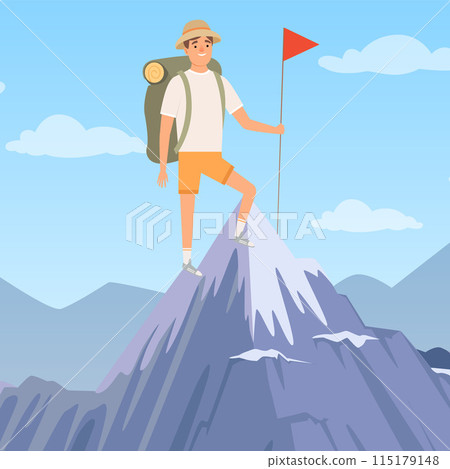 Mountain achievement traveler standing on hills with red pointer business destination concept 115179148