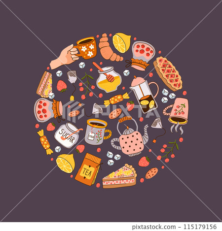 Tea circle round shape with tea cups lemon sugar cake jams vector concept illustration 115179156