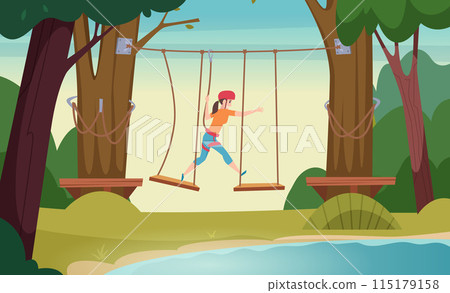 Rope bridge outdoor extreme sport activities for tourists people walking across wooden bridge on trees Rope bridge outdoor extreme sport activities for tourists people walking across wooden bridge on trees 115179158