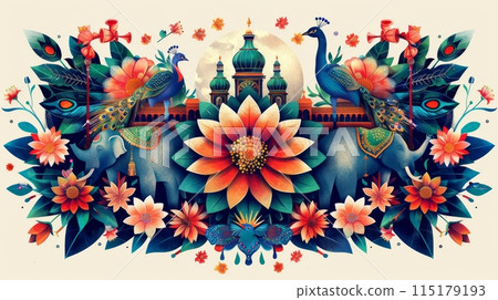 Collage with Indian national symbols, lotus flowers, elephants, peacocks. Independence Day of India 115179193