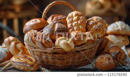 A Basket of Freshly Baked Bread and Rolls in a Golden Autumn Setting 115179280