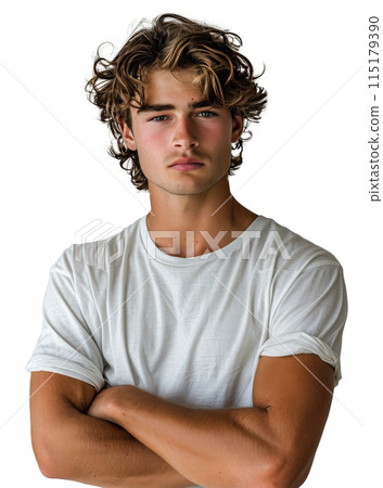 Young Man With Brown Hair Wearing White Button-Down Shirt Young Man With Brown Hair Wearing White Button-Down Shirt 115179390