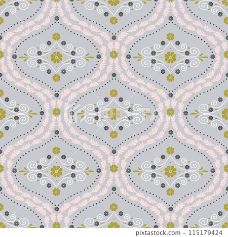 Seamless pattern with white floral ogee geometrical motifs on a gray background 115179424