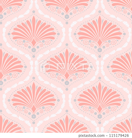 Seamless pattern with anthemion floral shapes and ogee geometrical motifs on a pastel pink background 115179426