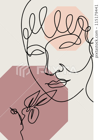 Card or poster with one single line drawing of female face and abstract shapes Card or poster with one single line drawing of female face and abstract shapes 115179441