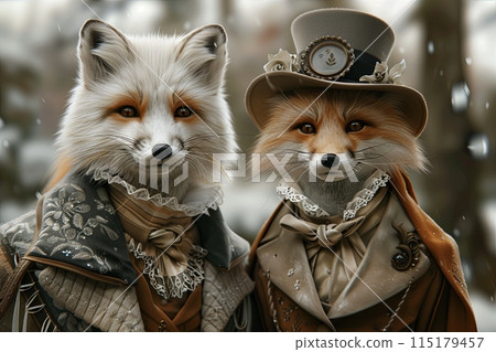 arctic fox dressed in victorian era clothing illustration 115179457