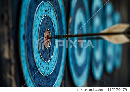 A series of blue targets with arrows successfully hitting the bullseye on the first one, illustrating achievement 115179479