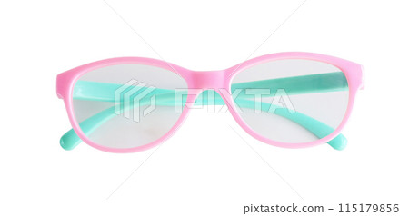 Stylish pink color eyeglasses on white background. 115179856