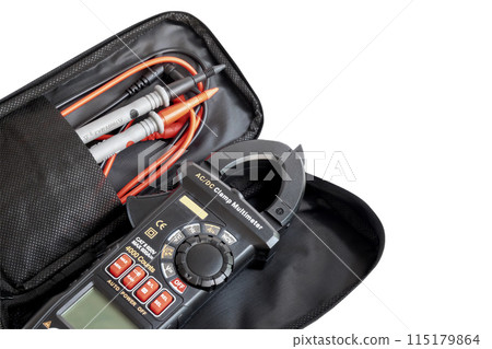 Black Digital clamp meter on white background. 115179864
