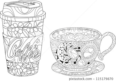 Cup of coffee beverage with abstract ornaments for coloring. Cup of coffee beverage with abstract ornaments for coloring. 115179870
