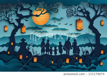 Obon festival vector paper cut art depicting families gathering around graves, with floating lanterns in the background 115179874