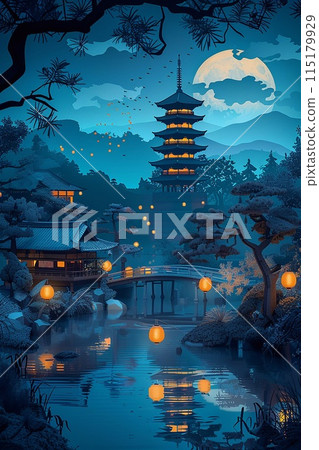 Vector paper cut of Obon in Japan, showing serene temple scenes with glowing lanterns, traditional architecture, and moonlit sky Vector paper cut of Obon in Japan, showing serene temple scenes with glowing lanterns, traditional architecture, and moonlit sky 115179929