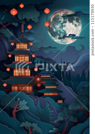 Vector paper cut of Obon in Japan, showing serene temple scenes with glowing lanterns, traditional architecture, and moonlit sky 115179930