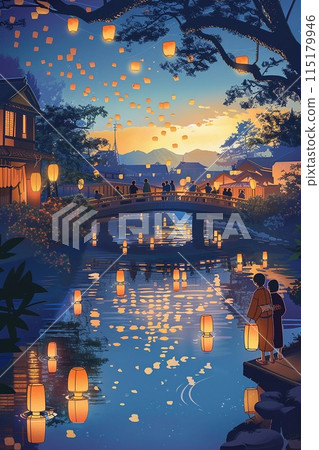 Obon in Japan vector paper cut scene with families lighting lanterns on riverbanks, creating a peaceful night atmosphere with reflections Obon in Japan vector paper cut scene with families lighting lanterns on riverbanks, creating a peaceful night atmosphere with reflections 115179946