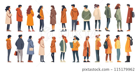 Street wear characters cartoon vector set. Men women jackets coats bags backpacks casual clothes different angles back front view full height standing people , illustrations isolated on white 115179962