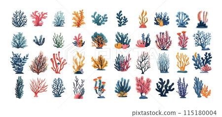 Sea plants cartoon vector set. Corals algae anemones oceanic aquarium reef underwater flora, illustration isolated on white background 115180004