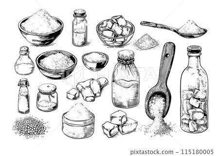 Salt pencil sketch vector set. Spoon powder bowl flask sea iodized crystallized bottles vials culinary seasoning spice, grayscale illustrations isolated on white background 115180005