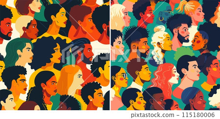 Racial diversity people cartoon vector posters. Men women faces dark light skin head profiles multinational group crowd characters, colorful concepts Racial diversity people cartoon vector posters. Men women faces dark light skin head profiles multinational group crowd characters, colorful concepts 115180006