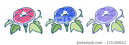 Pink, blue, and light purple morning glories: A simple, roughly painted illustration set 115180012