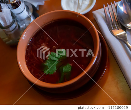 Borscht, beetroot hot soup 115180029