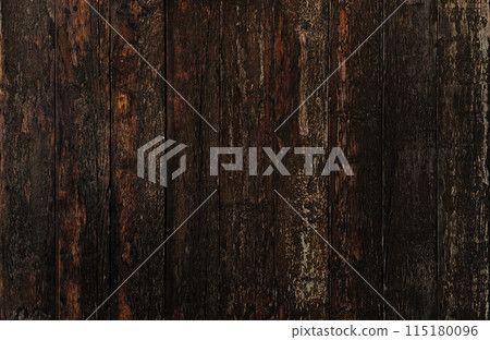 Horizontal background image of the surface of an old wooden wall with peeling varnish and dark brown wood grain Horizontal background image of the surface of an old wooden wall with peeling varnish and dark brown wood grain 115180096