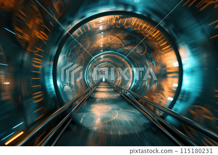There is hyperspace tunnel lined with clocks, creating surreal visual experience of time travel traffic AI Generative 115180231