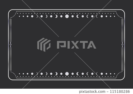 Silver celestial minimal esoteric frame, thin line border, mystyc linear decoration with dots, moon, stars corners isolated on dark background. Geometric shape, tarrot  115180286