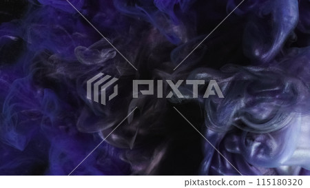 Glitter ink water. Night mist. Defocused blue purple color shimmering particles texture smoke cloud floating on dark black abstract art background. Glitter ink water. Night mist. Defocused blue purple color shimmering particles texture smoke cloud floating on dark black abstract art background. 115180320