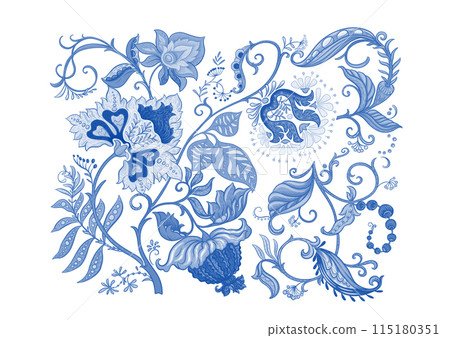 Fantasy flowers in retro, vintage, jacobean embroidery style 115180351