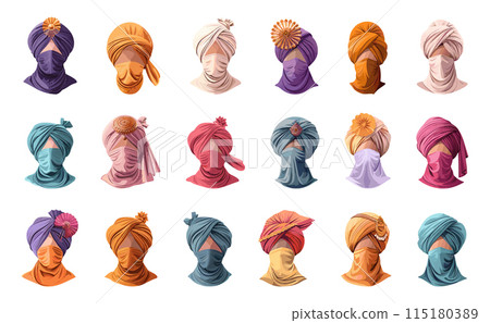 Turbans and Dastars. Headwear, Turban, Dastar, Sikh, Muslim, Indian, Traditional, Ethnic, Culture, Fashion, Clothing, Headgear, Scarf, Simple, Vector, White Background, Illustration 115180389