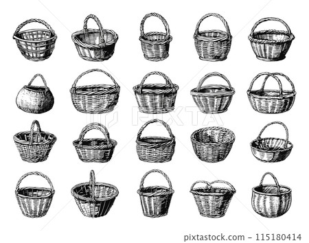 Doodle Style Wicker Baskets Icon Set. Basket, Wicker, Weave, Handmade, Storage, Container, Handicraft, Craft, Natural, Organic, Eco-Friendly, Home Decor, Hand Drawn, Sketch, Drawing, Simple, Low 115180414