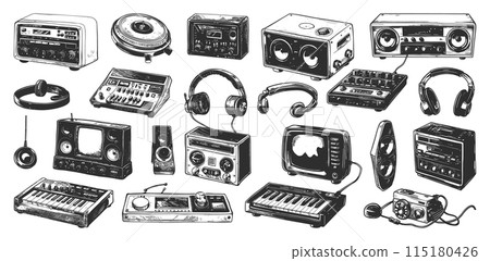 Doodle Style Retro Electronics for Sound Recording and Playback Icon Set. Retro, Vintage, Electronics, Sound, Recording, Playback, Music, Audio, Player, Recorder, Tape, Record, Phonograph, Radio 115180426