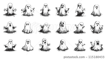 Doodle Style Ghosts in Different Poses Icon Set. Ghost, Spirit, Phantom, Specter, Spooky, Halloween, Paranormal, Haunted, Scary, Creepy, Supernatural, Horror, Boo, Hand Drawn, Sketch, Drawing, White Doodle Style Ghosts in Different Poses Icon Set. Ghost, Spirit, Phantom, Specter, Spooky, Halloween, Paranormal, Haunted, Scary, Creepy, Supernatural, Horror, Boo, Hand Drawn, Sketch, Drawing, White 115180433