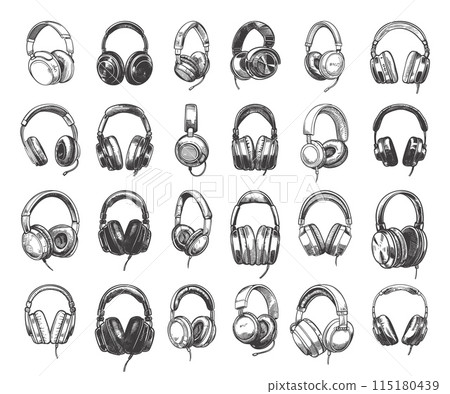 Doodle Style Earphones Icons in Various Designs. Hand Drawn Black Earbud Illustrations on White Background. Simple Style Headphones Audio Devices Music Accessories Earbuds 115180439