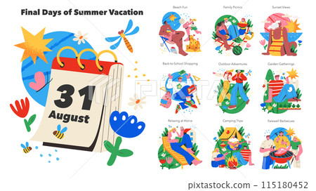 Final Days of Summer Vacation set. Captures the essence of winding down with beach fun, picnics, and back-to-school shopping. Vector illustration. 115180452