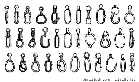 Doodle Style Carabiners Icon Set. Carabiner, Climbing, Outdoor, Adventure, Gear, Equipment, Safety, Hiking, Mountaineering, Rock Climbing, Sport, Tool, Hook, Clip, Hand Drawn, Sketch, Drawing, White 115180453