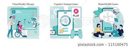 Health Gamification set. Virtual reality therapy, cognitive exercises and mental wellness through interactive games. Engaging digital healthcare solutions. Vector illustration. 115180475