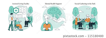 Senior care set. Active lifestyle and mental wellness for the elderly. Assisted living, psychological support, social interaction. Vector illustration. 115180480
