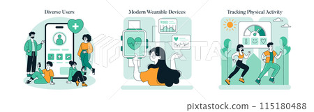 Wellness Monitoring set. Illustrations showing health tracking features in wearables for different users. Activity measurement, heart rate monitoring. Vector illustration. 115180488